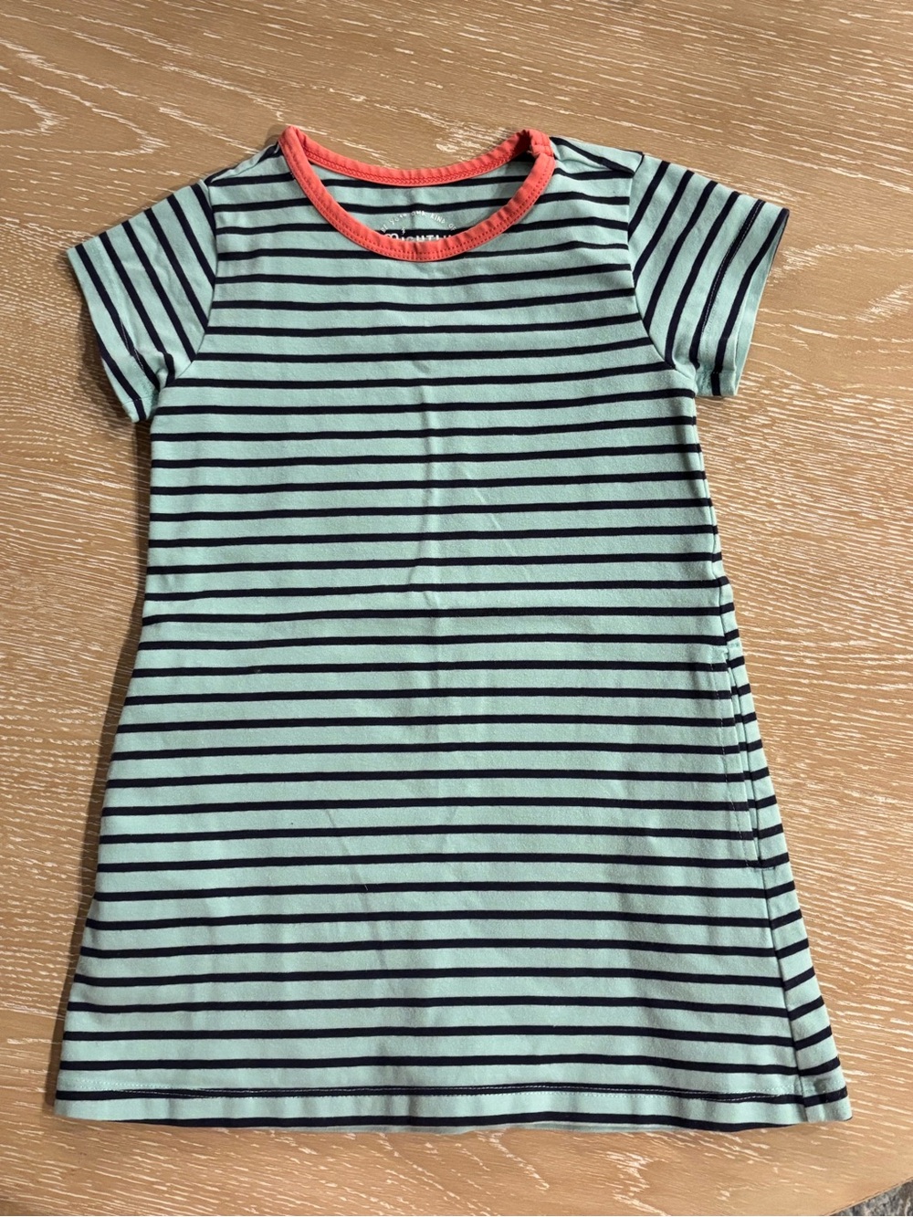 Mightly Striped Mint & Navy Tee Dress with Coral Neckline